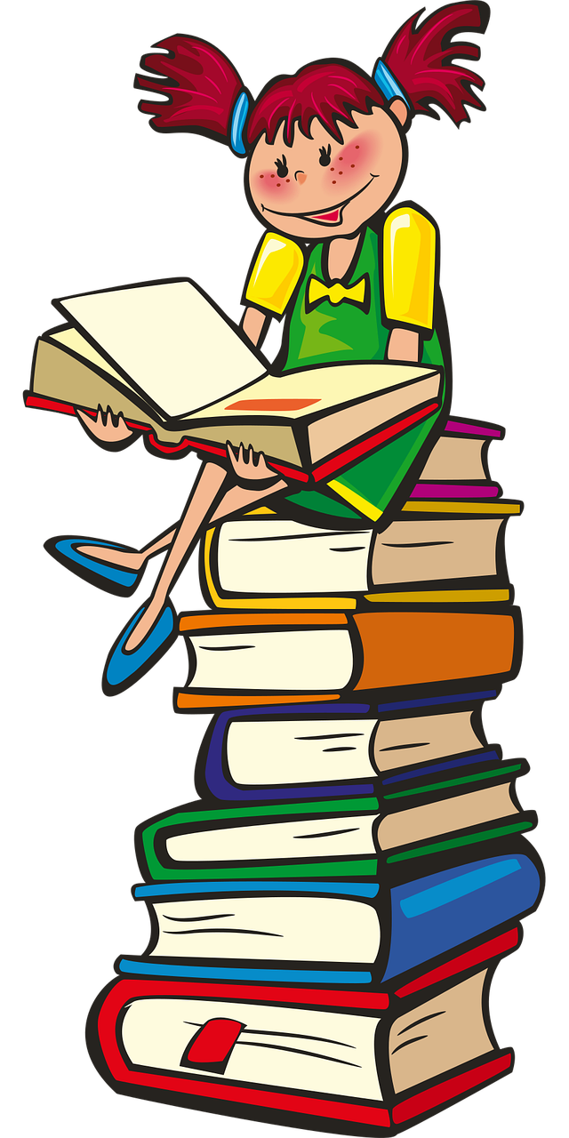 Clipart mit einem Bücherstapel, auf dem ein Mädchen sitzt